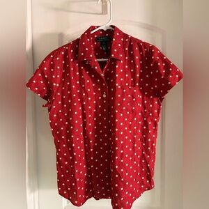 Linen Lauren Ralph Lauren Polka Dot Button Up Collared Short Sleeve Top Pocket